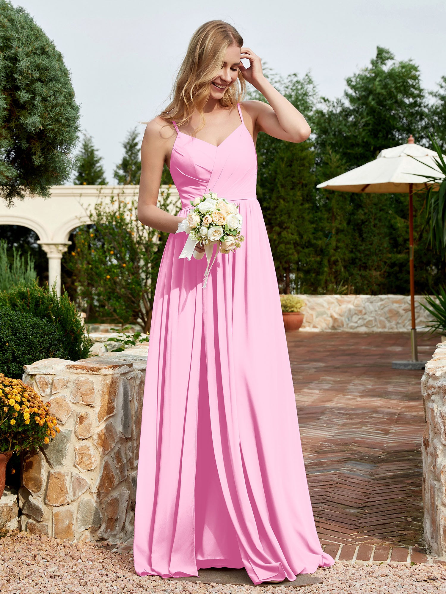 V-neck Spaghetti Straps Bridesmaid Dress With Slit Candy Pink